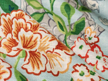 Load image into Gallery viewer, Linen Rayon Aqua Blue Green Rusty Red Orange Ivory Floral Chinoiserie Upholstery Drapery Fabric