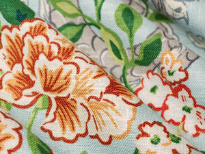 Linen Rayon Aqua Blue Green Rusty Red Orange Ivory Floral Chinoiserie Upholstery Drapery Fabric