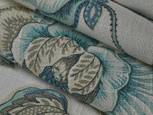 Cream Blue Seafoam Taupe Floral Jacobean Upholstery Drapery Fabric