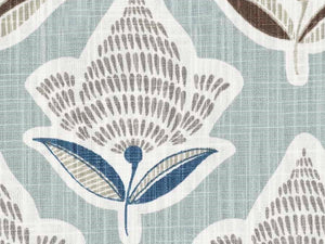 Aqua Blue White Navy Brown Floral Cotton Drapery Fabric
