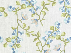 Off White Navy Blue Aqua Green Embroidered Floral Drapery Fabric