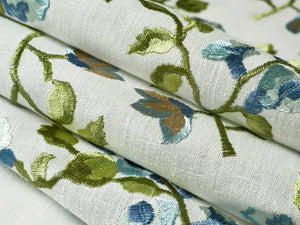 Off White Navy Blue Aqua Green Embroidered Floral Drapery Fabric