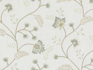 Cream Seafoam Green Beige Embroidered Floral Drapery Fabric