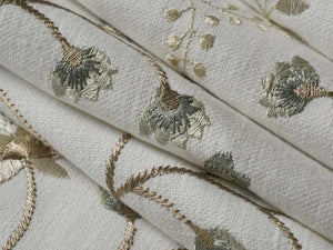 Cream Seafoam Green Beige Embroidered Floral Drapery Fabric