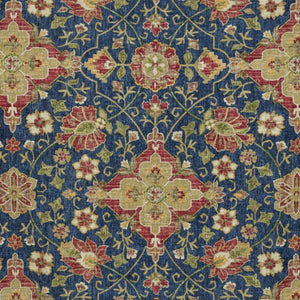 Linen Viscose Fabric Moroccan Asian Blue Kilim Pattern Upholstery Drapery