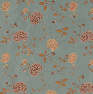 Embroidered Silk Floral Drapery Fabric Teal / U222