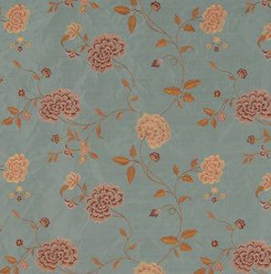 Embroidered Silk Floral Drapery Fabric / Antique Aqua / U222