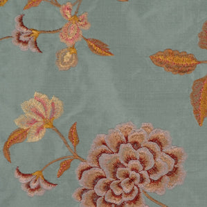 Embroidered Silk Floral Drapery Fabric / Antique Aqua / U222