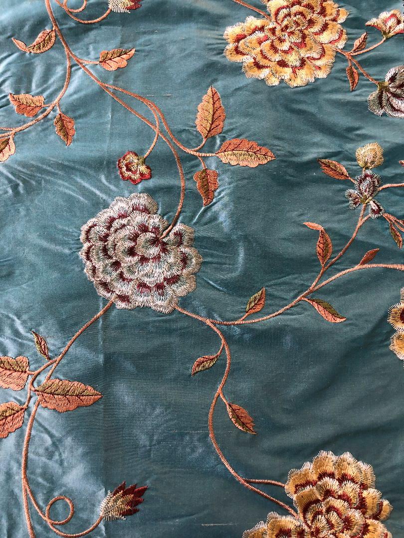 Embroidered Silk Floral Drapery Fabric Teal / U222