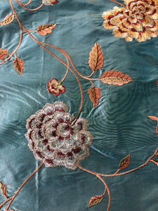 Embroidered Silk Floral Drapery Fabric Teal / U222